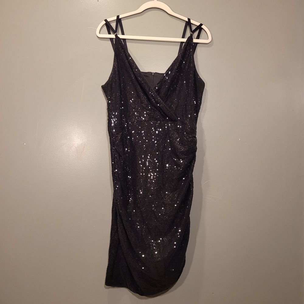 Grace Karin Sequin Dress Sleeveless Ruched Faux Wrap, Women's Size L, Black